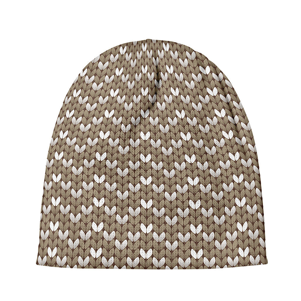 Beige And White Knitted Pattern Print Beanie