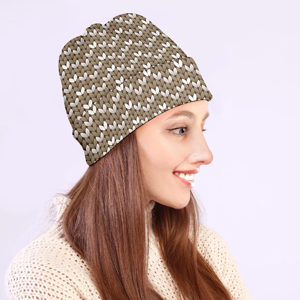 Beige And White Knitted Pattern Print Beanie