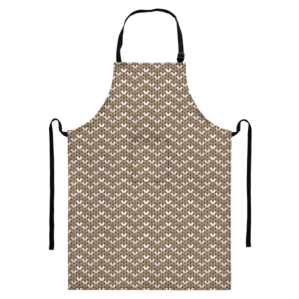 Beige And White Knitted Pattern Print Bib Apron With Pocket