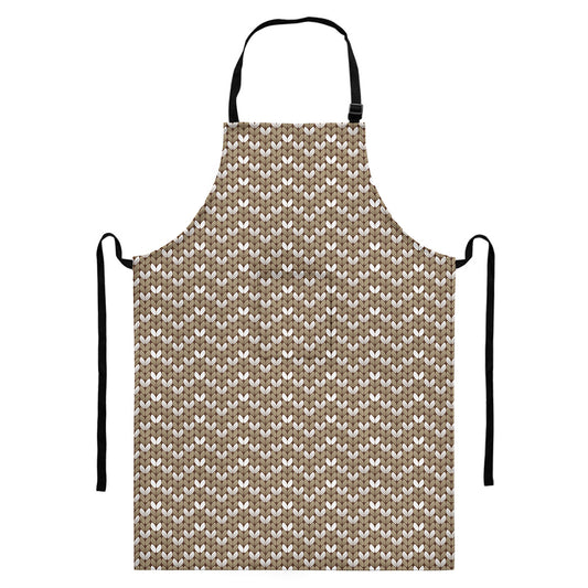 Beige And White Knitted Pattern Print Bib Apron With Pocket