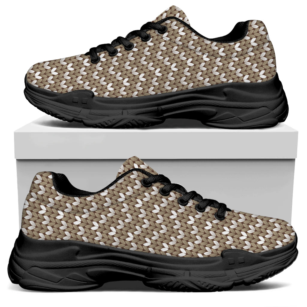 Beige And White Knitted Pattern Print Black Chunky Shoes