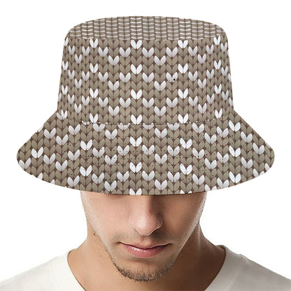 Beige And White Knitted Pattern Print Bucket Hat