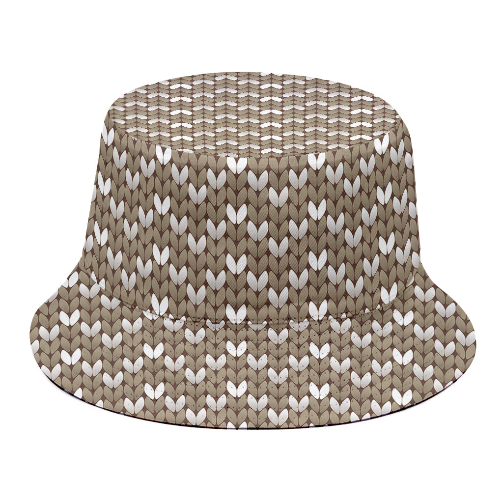 Beige And White Knitted Pattern Print Bucket Hat
