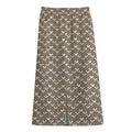 Beige And White Knitted Pattern Print Cotton Front Slit Maxi Skirt