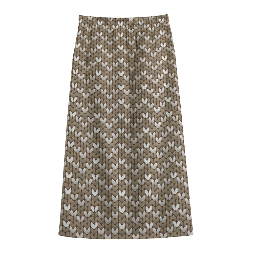 Beige And White Knitted Pattern Print Cotton Front Slit Maxi Skirt