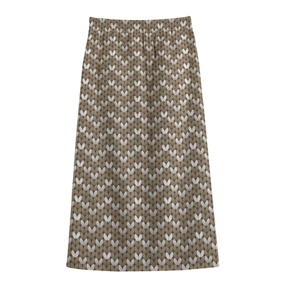 Beige And White Knitted Pattern Print Cotton Front Slit Maxi Skirt