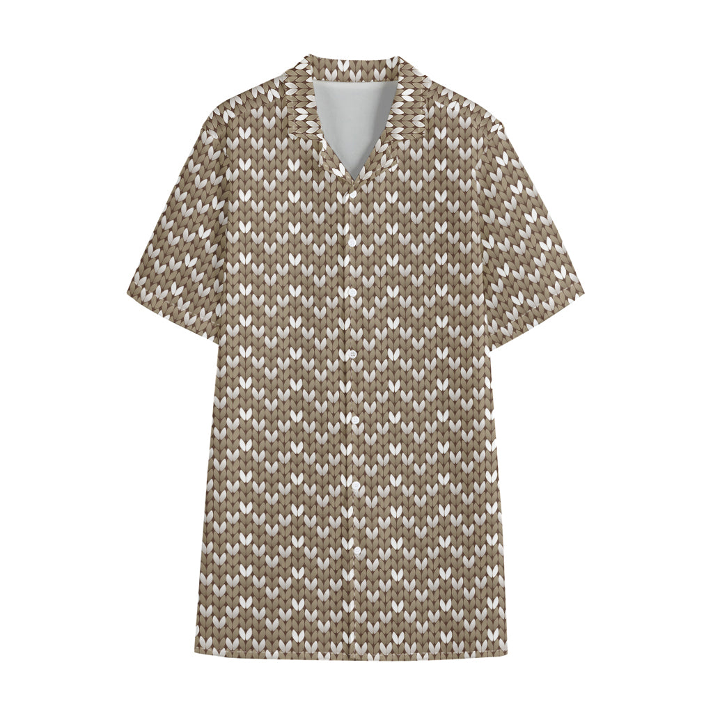 Beige And White Knitted Pattern Print Cotton Hawaiian Shirt