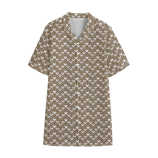 Beige And White Knitted Pattern Print Cotton Hawaiian Shirt