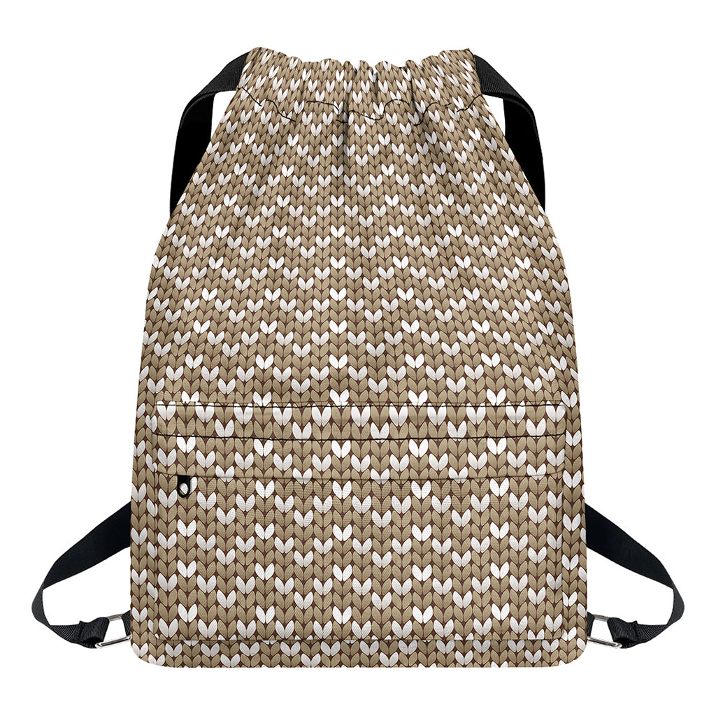 Beige And White Knitted Pattern Print Drawstring Backpack