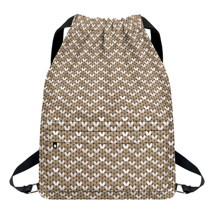 Beige And White Knitted Pattern Print Drawstring Backpack