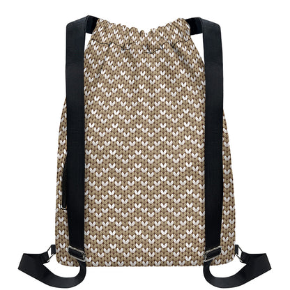 Beige And White Knitted Pattern Print Drawstring Backpack