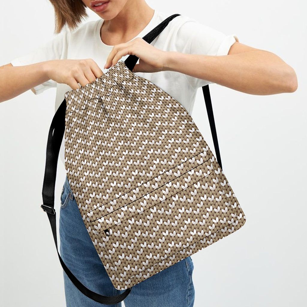 Beige And White Knitted Pattern Print Drawstring Backpack