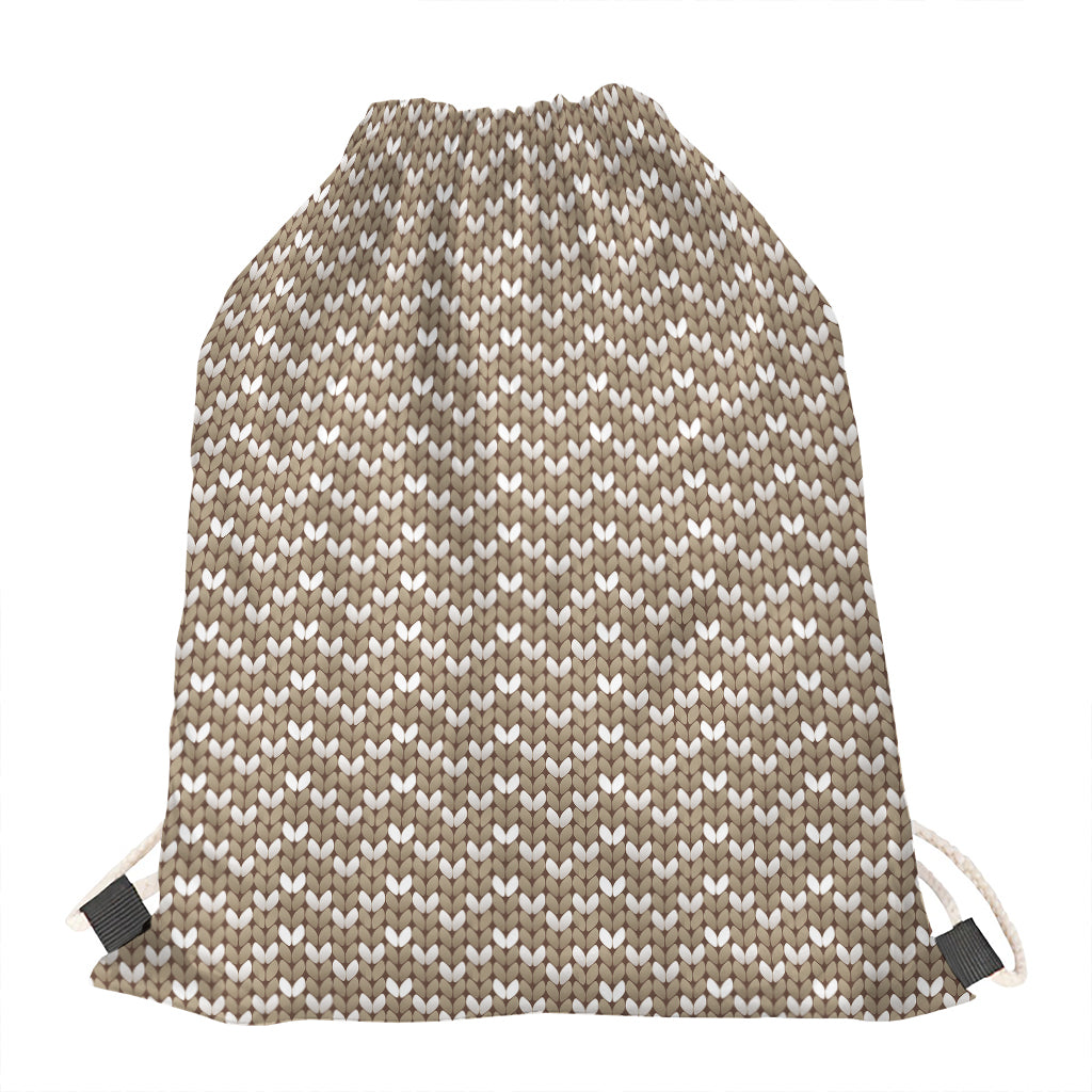 Beige And White Knitted Pattern Print Drawstring Bag