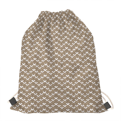 Beige And White Knitted Pattern Print Drawstring Bag