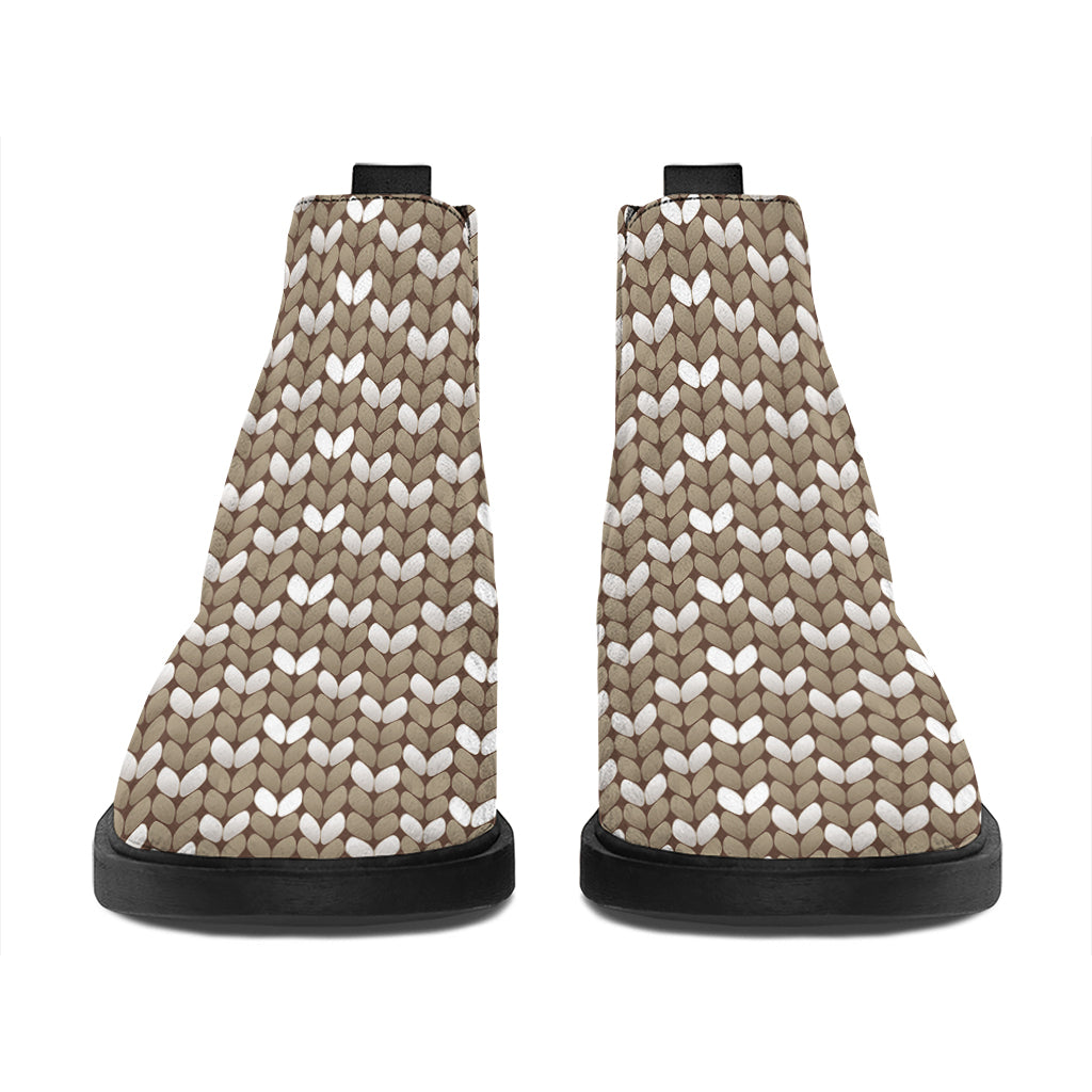 Beige And White Knitted Pattern Print Flat Ankle Boots