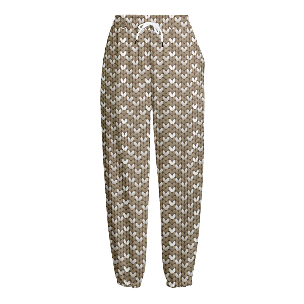 Beige And White Knitted Pattern Print Fleece Lined Knit Pants