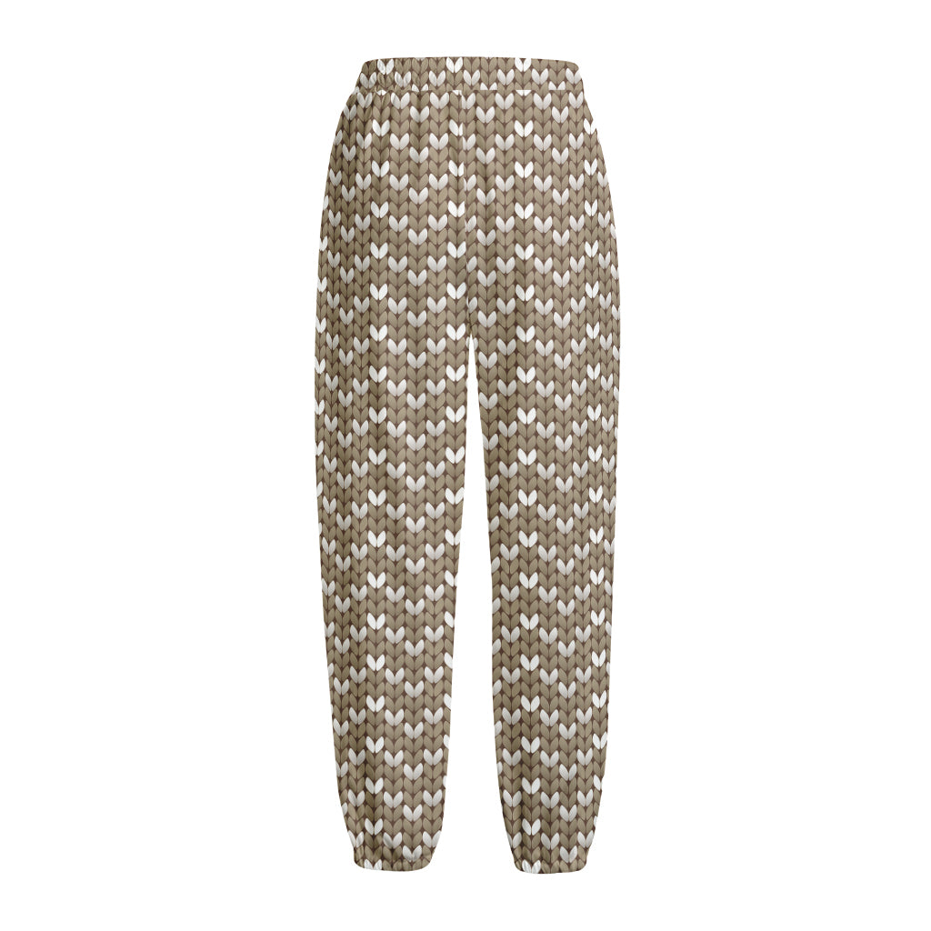 Beige And White Knitted Pattern Print Fleece Lined Knit Pants