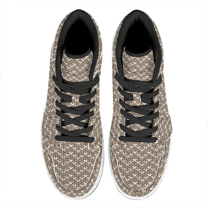 Beige And White Knitted Pattern Print High Top Leather Sneakers
