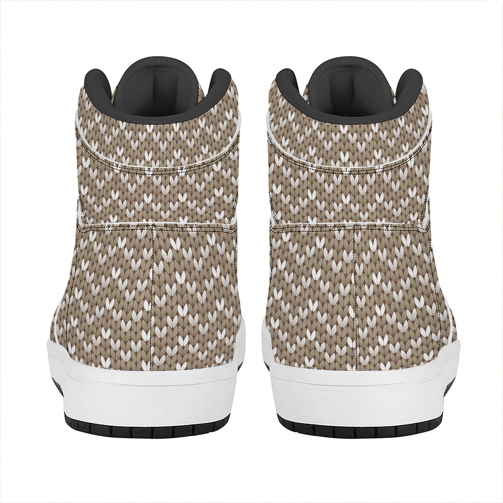 Beige And White Knitted Pattern Print High Top Leather Sneakers