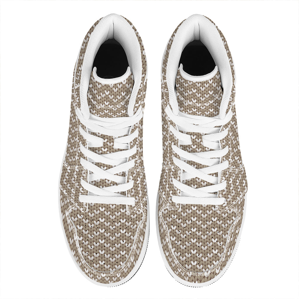Beige And White Knitted Pattern Print High Top Leather Sneakers