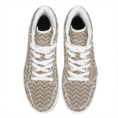 Beige And White Knitted Pattern Print High Top Leather Sneakers