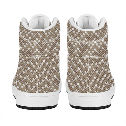 Beige And White Knitted Pattern Print High Top Leather Sneakers
