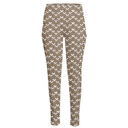 Beige And White Knitted Pattern Print High-Waisted Pocket Leggings
