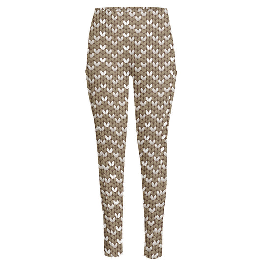 Beige And White Knitted Pattern Print High-Waisted Pocket Leggings