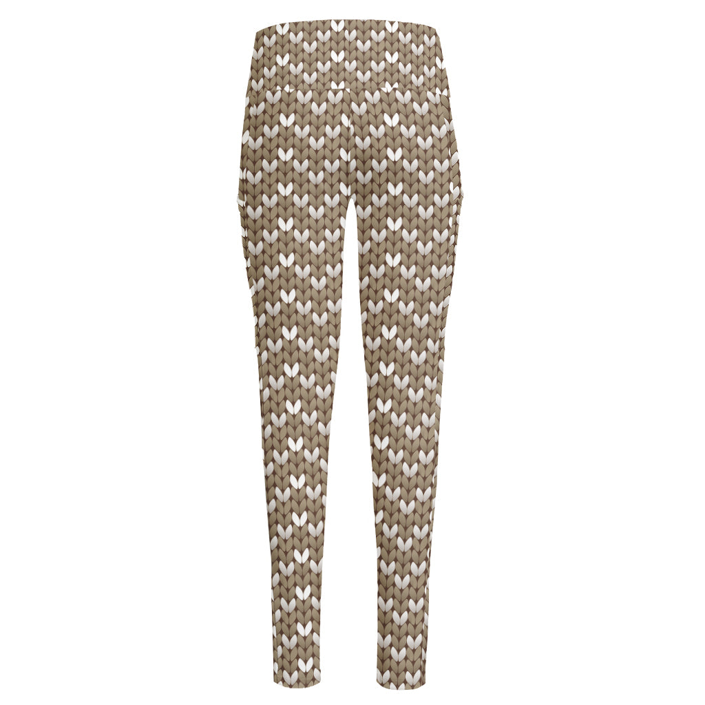Beige And White Knitted Pattern Print High-Waisted Pocket Leggings