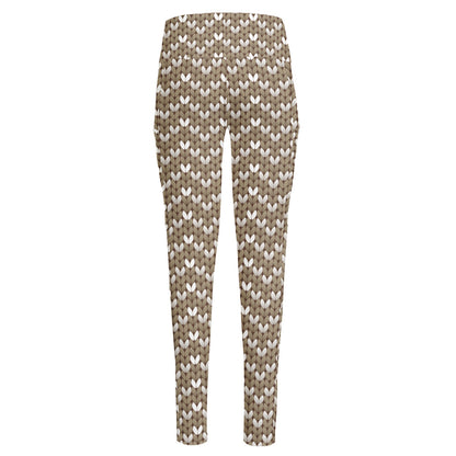 Beige And White Knitted Pattern Print High-Waisted Pocket Leggings