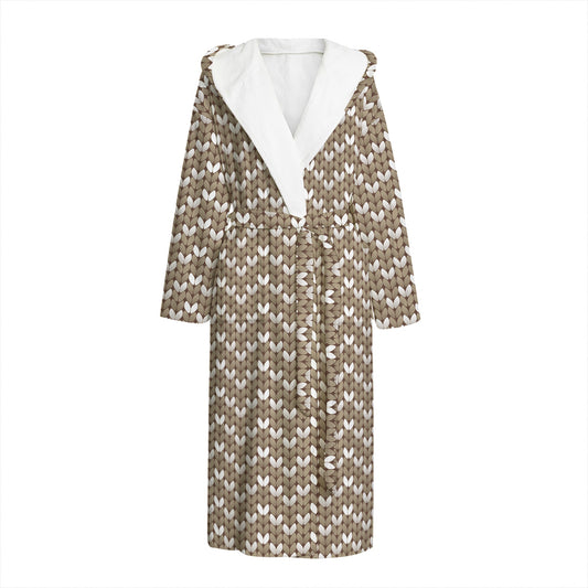 Beige And White Knitted Pattern Print Hooded Bathrobe