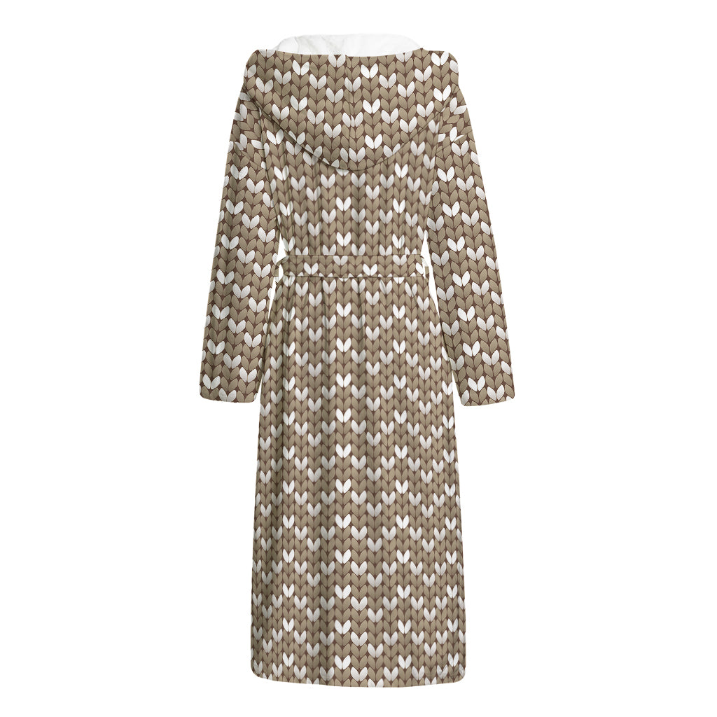 Beige And White Knitted Pattern Print Hooded Bathrobe
