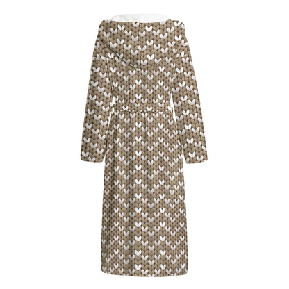 Beige And White Knitted Pattern Print Hooded Bathrobe