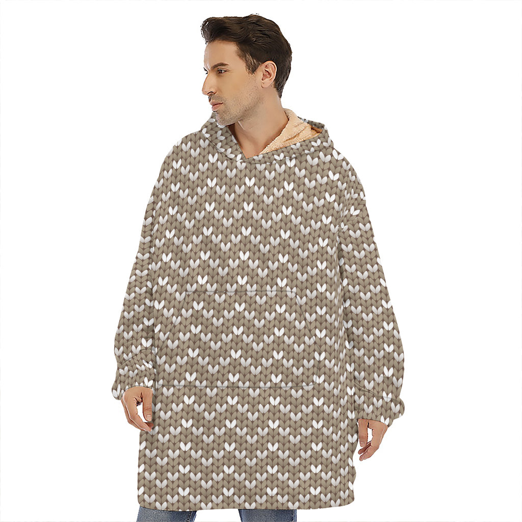 Beige And White Knitted Pattern Print Hoodie Blanket