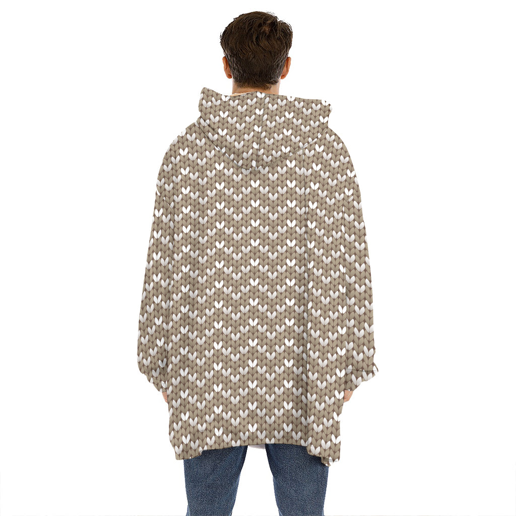 Beige And White Knitted Pattern Print Hoodie Blanket