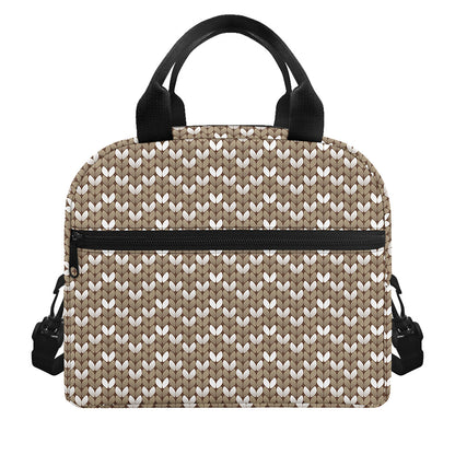 Beige And White Knitted Pattern Print Insulated Lunch Bag