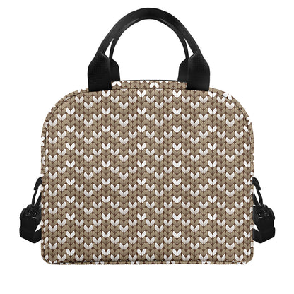 Beige And White Knitted Pattern Print Insulated Lunch Bag