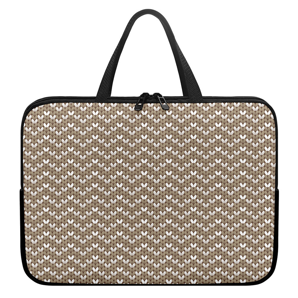 Beige And White Knitted Pattern Print Laptop Sleeve With Handle
