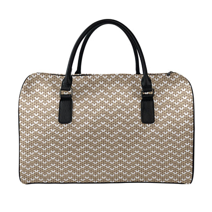 Beige And White Knitted Pattern Print Leather Duffle Bag