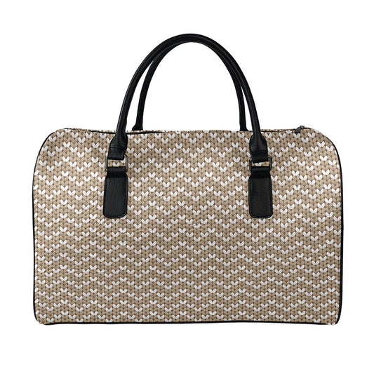 Beige And White Knitted Pattern Print Leather Duffle Bag