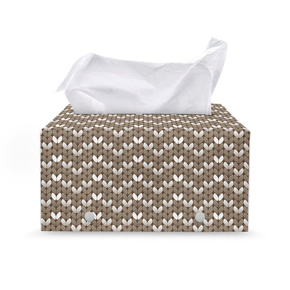 Beige And White Knitted Pattern Print Leather Tissue Box Cover