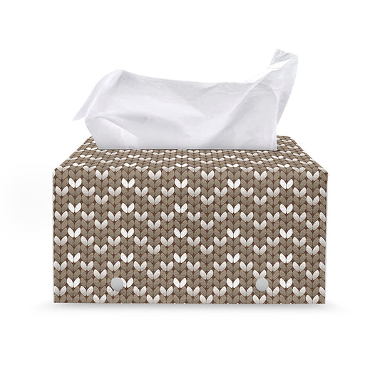 Beige And White Knitted Pattern Print Leather Tissue Box Cover