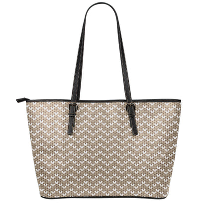 Beige And White Knitted Pattern Print Leather Tote Bag