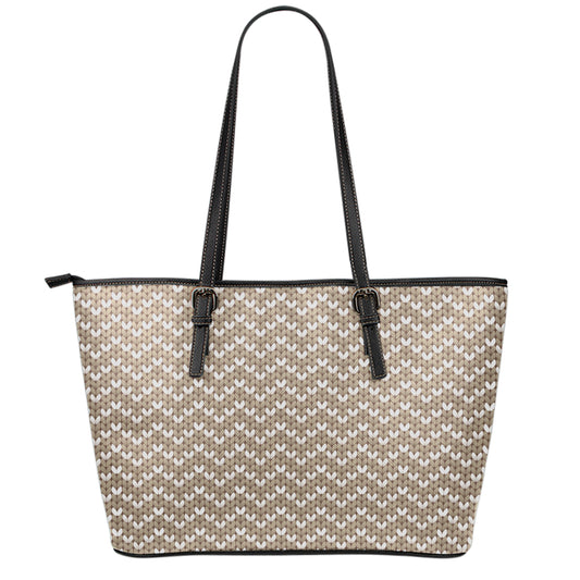 Beige And White Knitted Pattern Print Leather Tote Bag