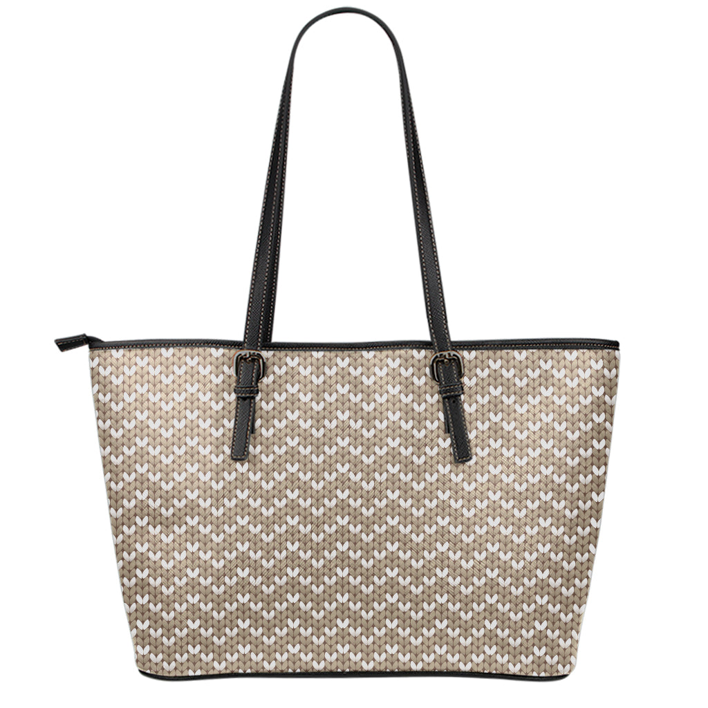 Beige And White Knitted Pattern Print Leather Tote Bag