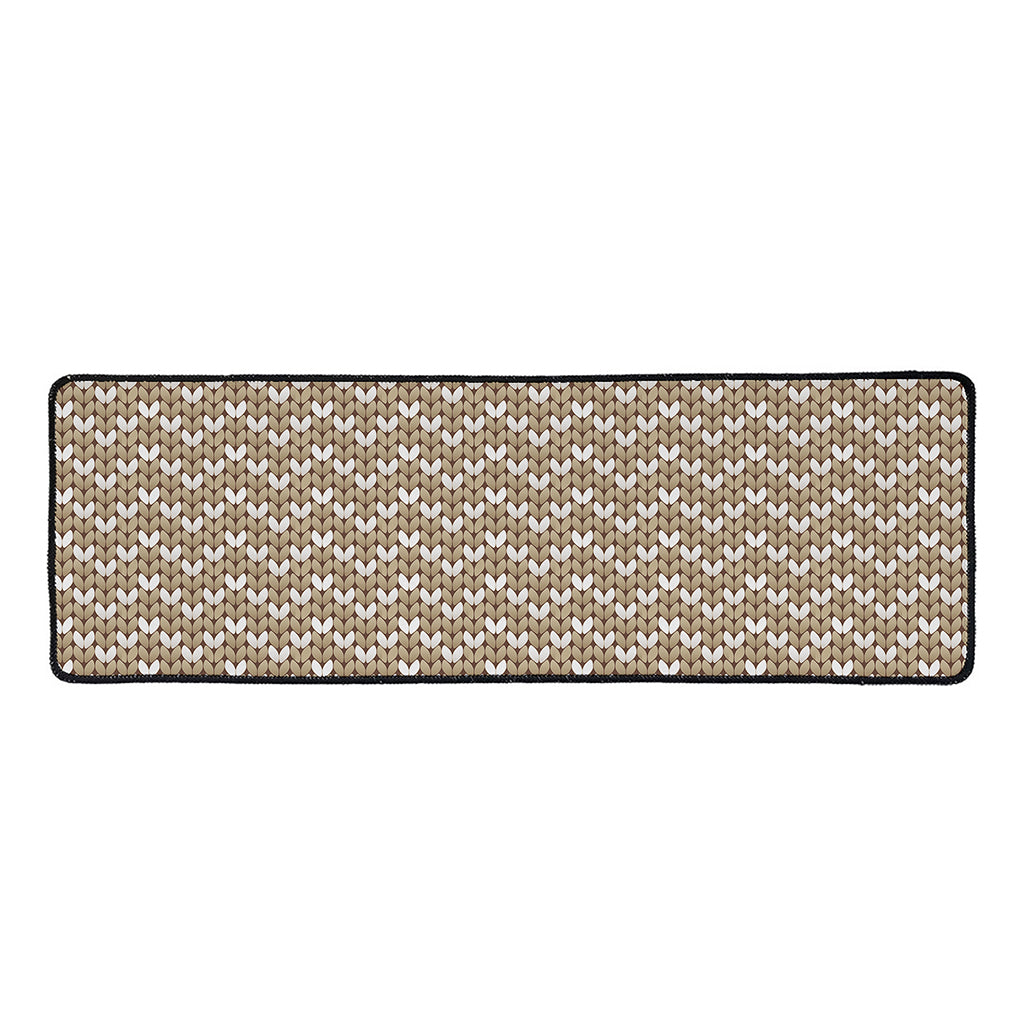 Beige And White Knitted Pattern Print Long Kitchen Mat