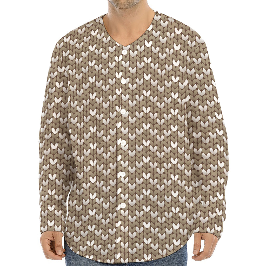Beige And White Knitted Pattern Print Long Sleeve Baseball Jersey