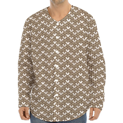Beige And White Knitted Pattern Print Long Sleeve Baseball Jersey