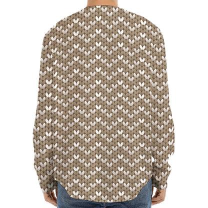 Beige And White Knitted Pattern Print Long Sleeve Baseball Jersey