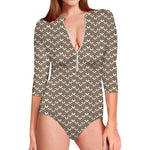 Beige And White Knitted Pattern Print Long Sleeve Swimsuit
